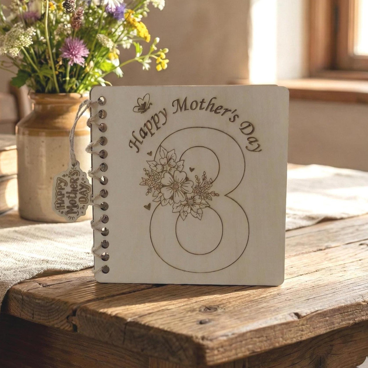 Wooden Mother's Day Card, Laser Engraved 13x13 cm, Floral Number 8 Keepsake Card, 8 March Gift for Mum, Handmade Card - product photo 2