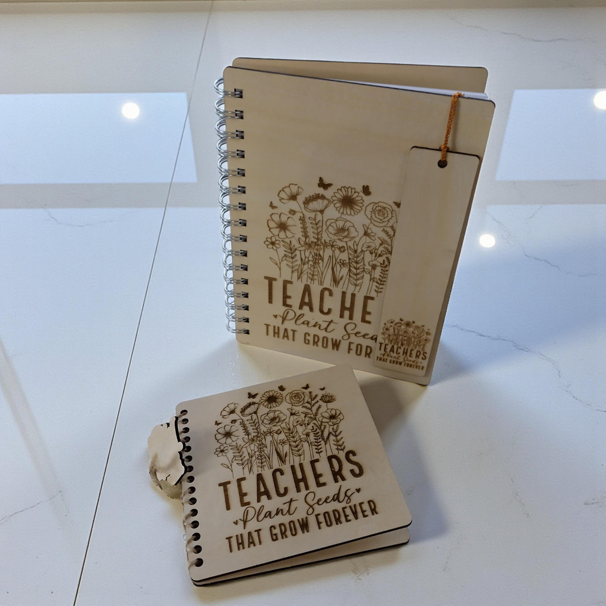 Personalised Teacher Gift Set, A5 Wooden Notebook + Bookmark + 13x13 Card, "Teachers Plant Seeds" End of Year Thank you, Teacher. - product photo 8