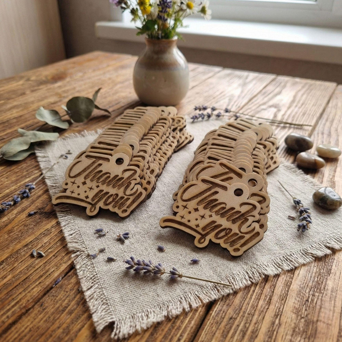 10 Personalised Wooden Thank You Tags | Custom Engraved Gift Tags | Party Favor Hang Tags | Rustic Small Business Packaging Labels 4x5cm - product photo 4