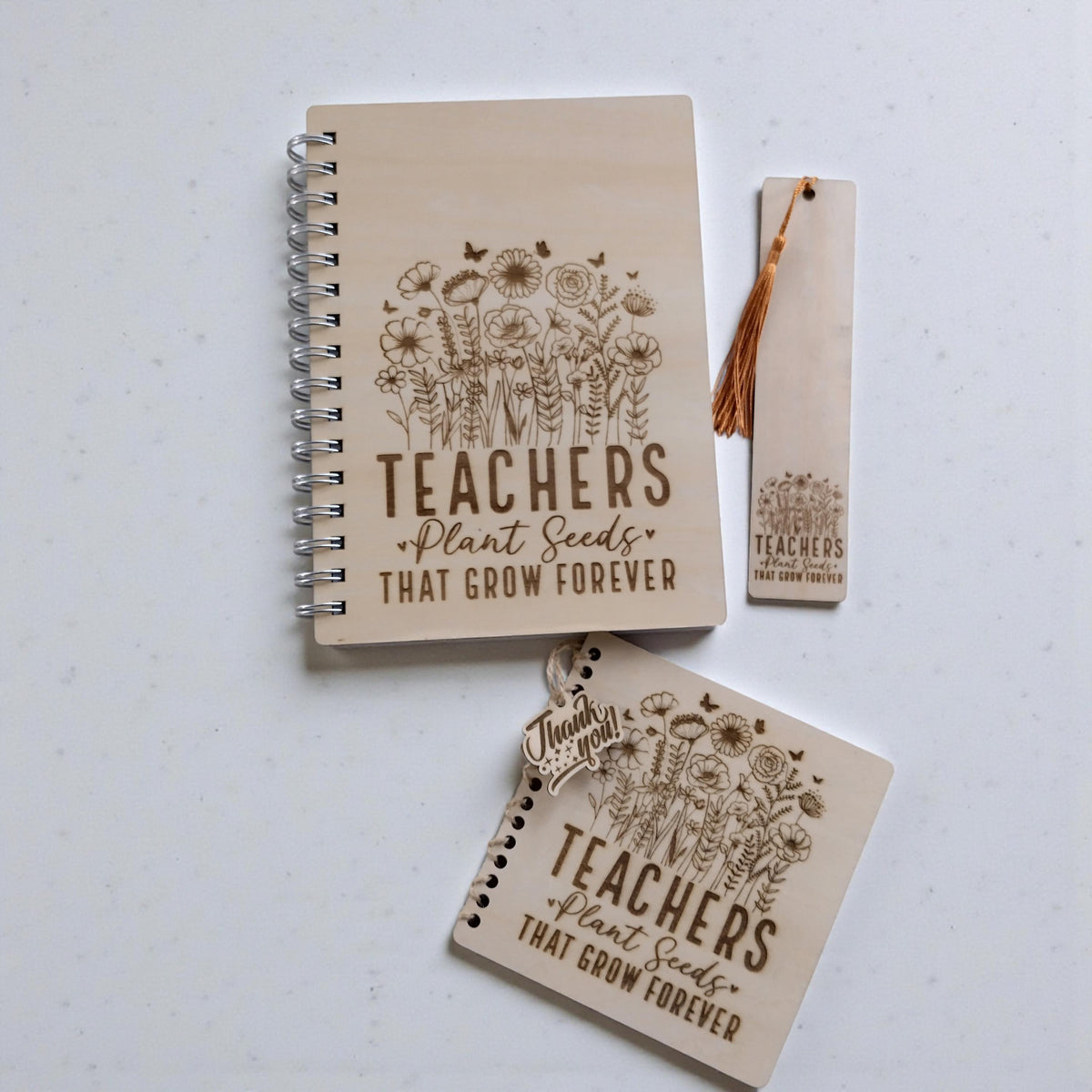 Personalised Teacher Gift Set, A5 Wooden Notebook + Bookmark + 13x13 Card, "Teachers Plant Seeds" End of Year Thank you, Teacher. - product photo 4