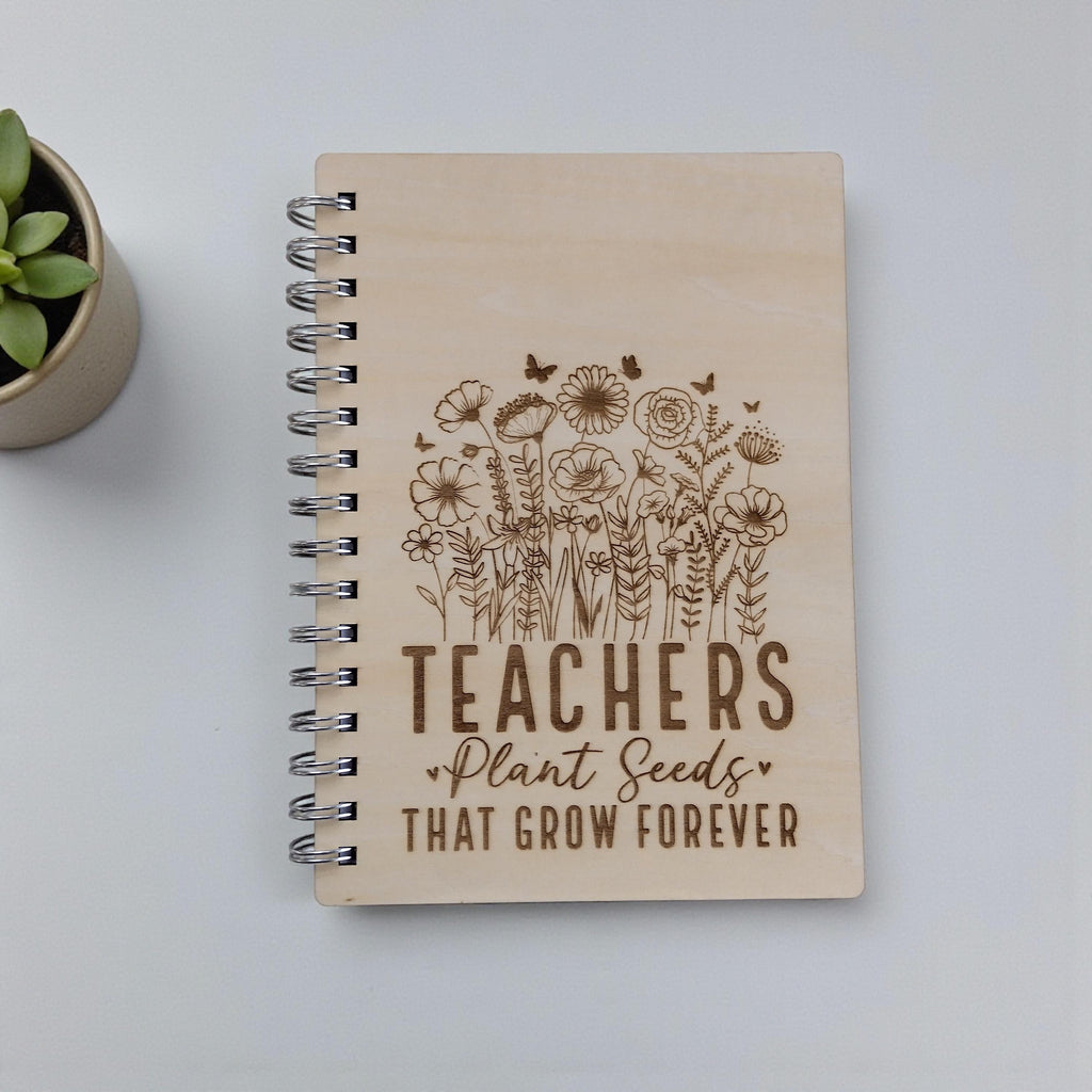 Personalised Teacher Gift Set, A5 Wooden Notebook + Bookmark + 13x13 Card, "Teachers Plant Seeds" End of Year Thank you, Teacher. - product photo 3