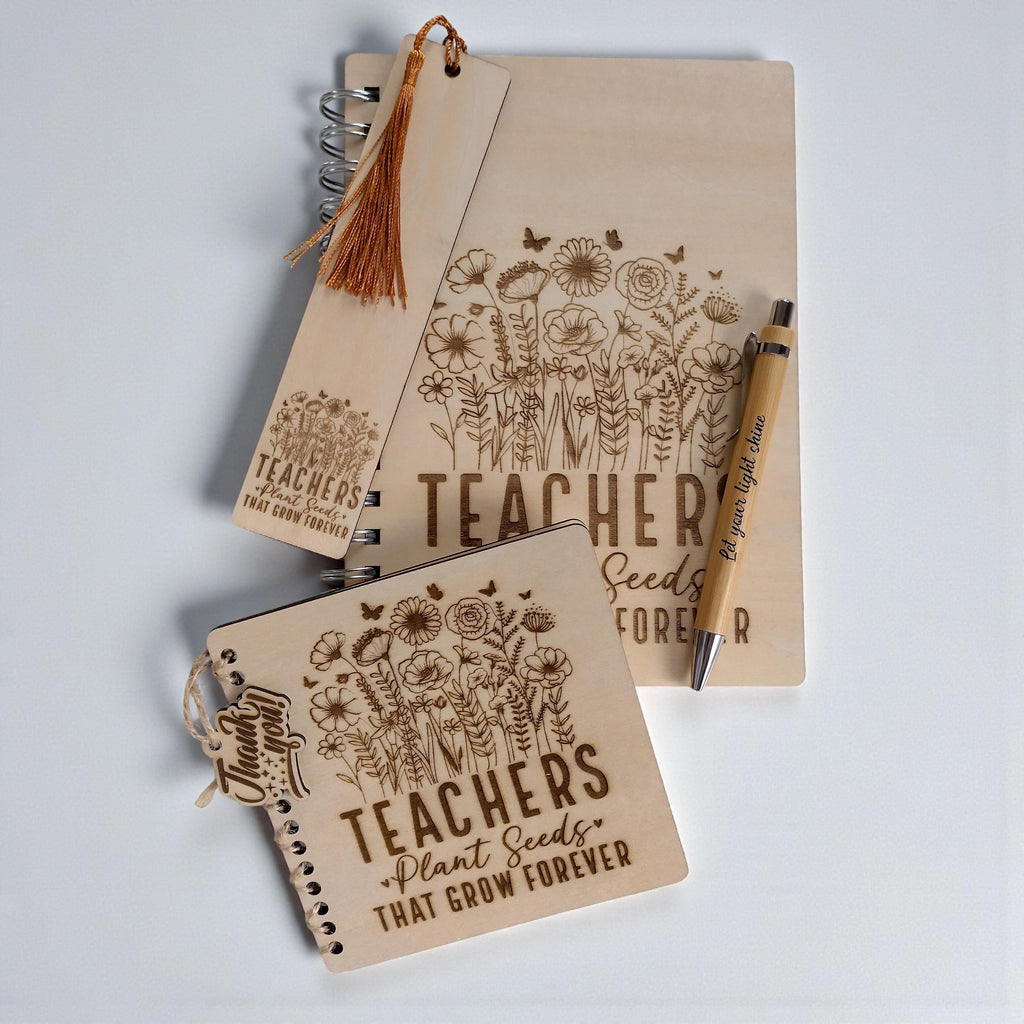 Personalised Teacher Gift Set, A5 Wooden Notebook + Bookmark + 13x13 Card, "Teachers Plant Seeds" End of Year Thank you, Teacher. - product photo 2