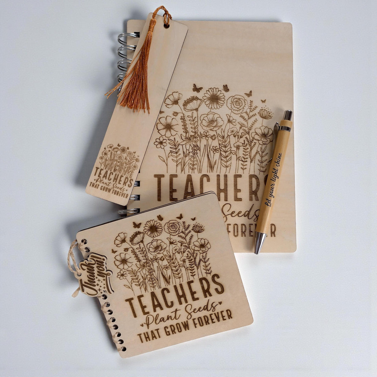 Personalised Teacher Gift Set, A5 Wooden Notebook + Bookmark + 13x13 Card, "Teachers Plant Seeds" End of Year Thank you, Teacher. - product photo 2