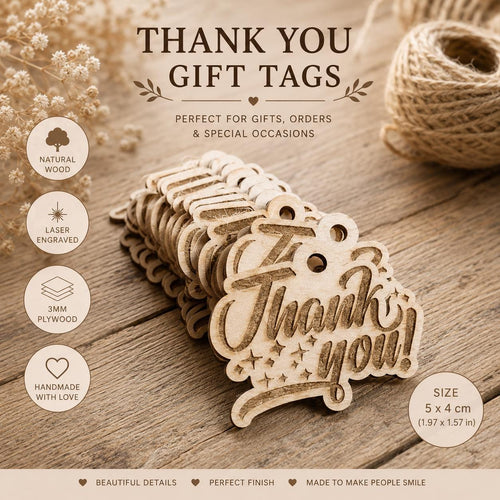 10 Personalised Wooden Thank You Tags | Custom Engraved Gift Tags | Party Favor Hang Tags | Rustic Small Business Packaging Labels 4x5cm