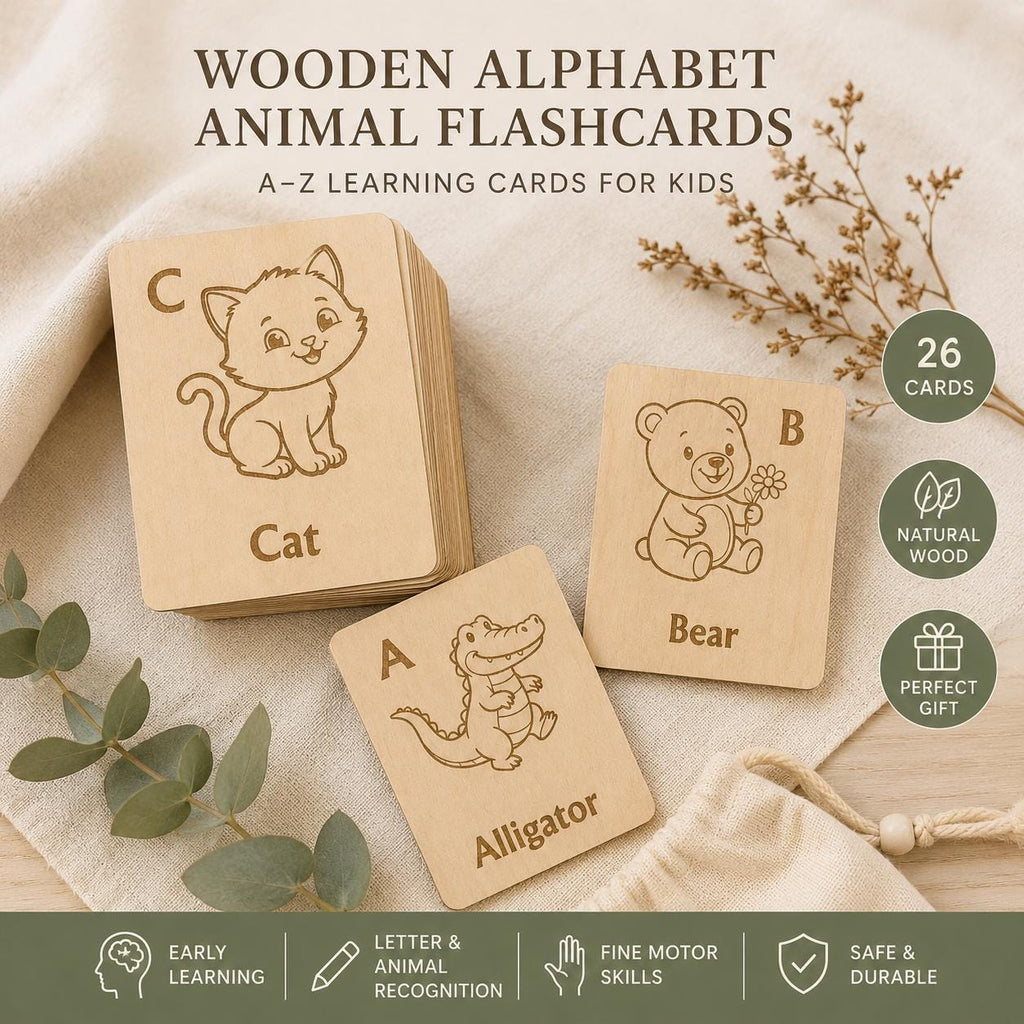 Wooden Alphabet Animal Flash Cards, A-Z Montessori ABC Learning Set, Educational Toddler Gift, Preschool Letter Cards