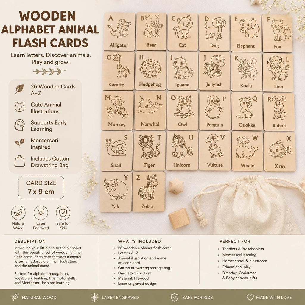 Wooden Alphabet Animal Flash Cards, A-Z Montessori ABC Learning Set, Educational Toddler Gift, Preschool Letter Cards - product photo 2