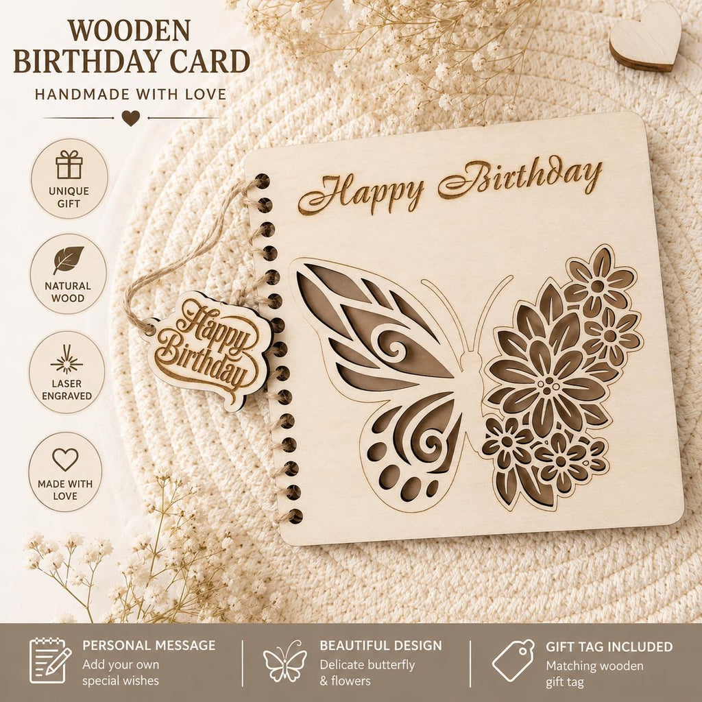 Wooden Happy Birthday Card for Her | Laser Cut Floral Butterfly Birthday Card | Engraved Wooden Keepsake Greeting Card Gift