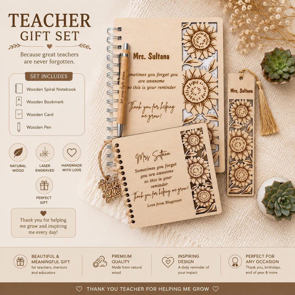 Laser Cut Wooden Notebook Gift Set,Personalized Wooden Stationery Set,Custom Engraved Notebook and Pen Set,Teacher Gift with Pen , Bookmark