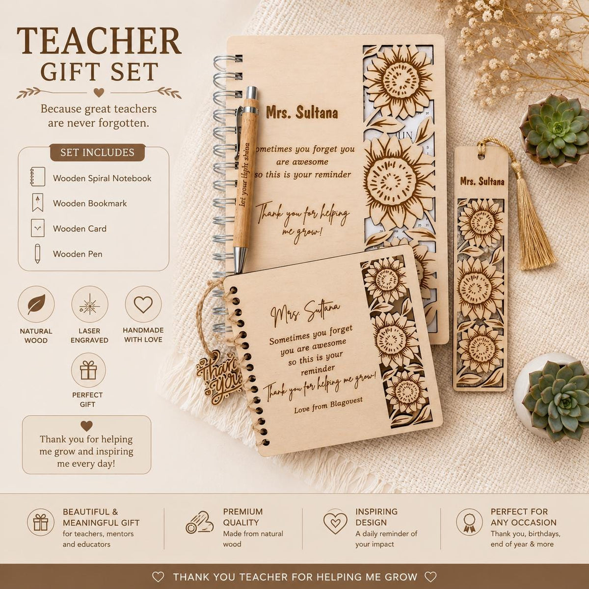 Laser Cut Wooden Notebook Gift Set,Personalized Wooden Stationery Set,Custom Engraved Notebook and Pen Set,Teacher Gift with Pen , Bookmark