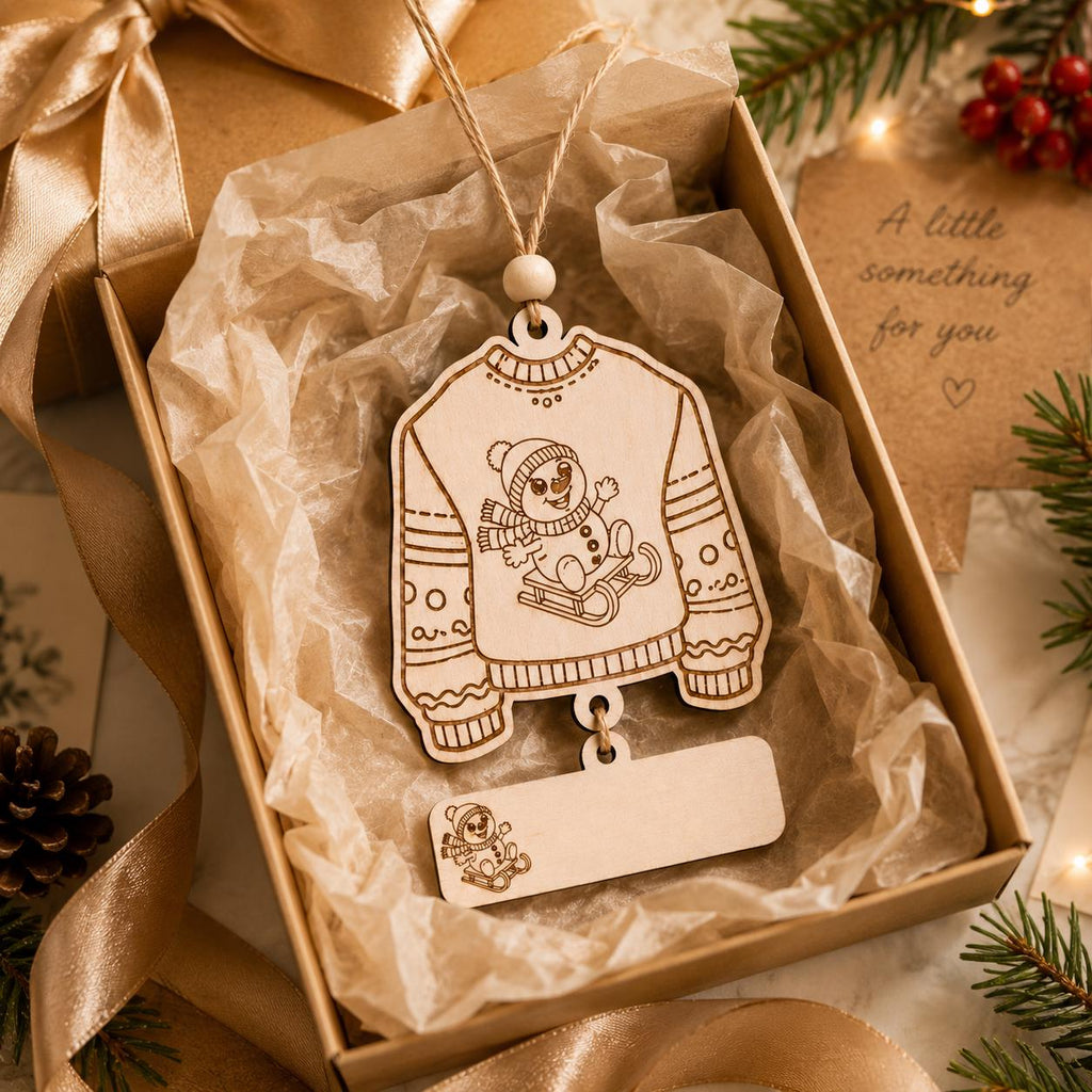 A wooden Christmas ornament shaped like a cozy sweater with a sledding child illustration, hanging in a gift box with tissue paper and ribbon. A small blank wooden tag is attached below, with a pinecone, evergreen branches, and warm string lights around it.