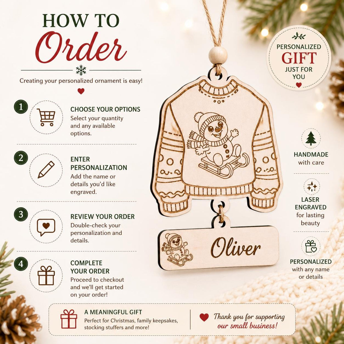 An infographic titled 'HOW TO Order' explains how to personalize a wooden Christmas ornament shaped like a sweater. The main product shown is a light natural wood ornament engraved with a Christmas sweater pattern and a hanging tag that reads 'Oliver'.