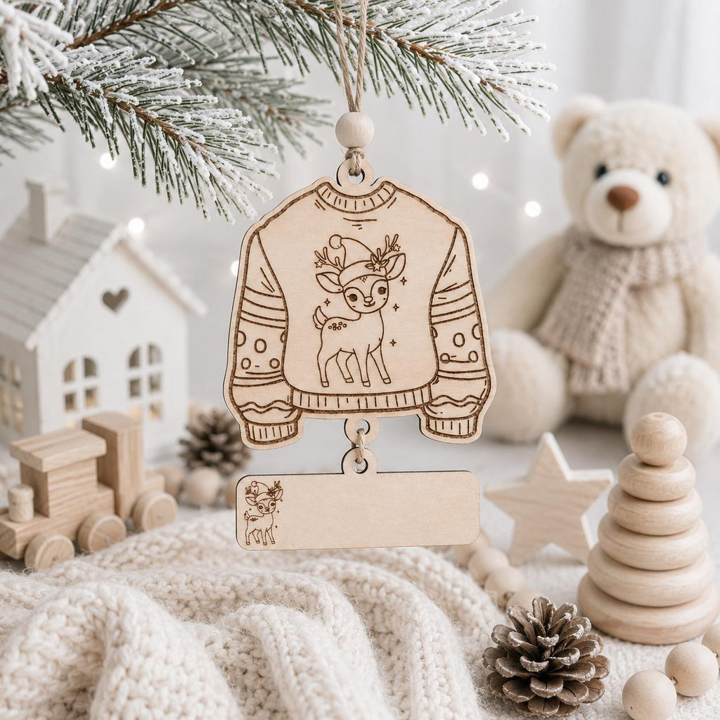 A wooden Christmas ornament shaped like a sweater with a deer illustration hangs from a pine branch. The ornament includes a blank rectangular tag below it, styled with a teddy bear, knit blanket, wooden house, and small toys in a soft holiday setting.