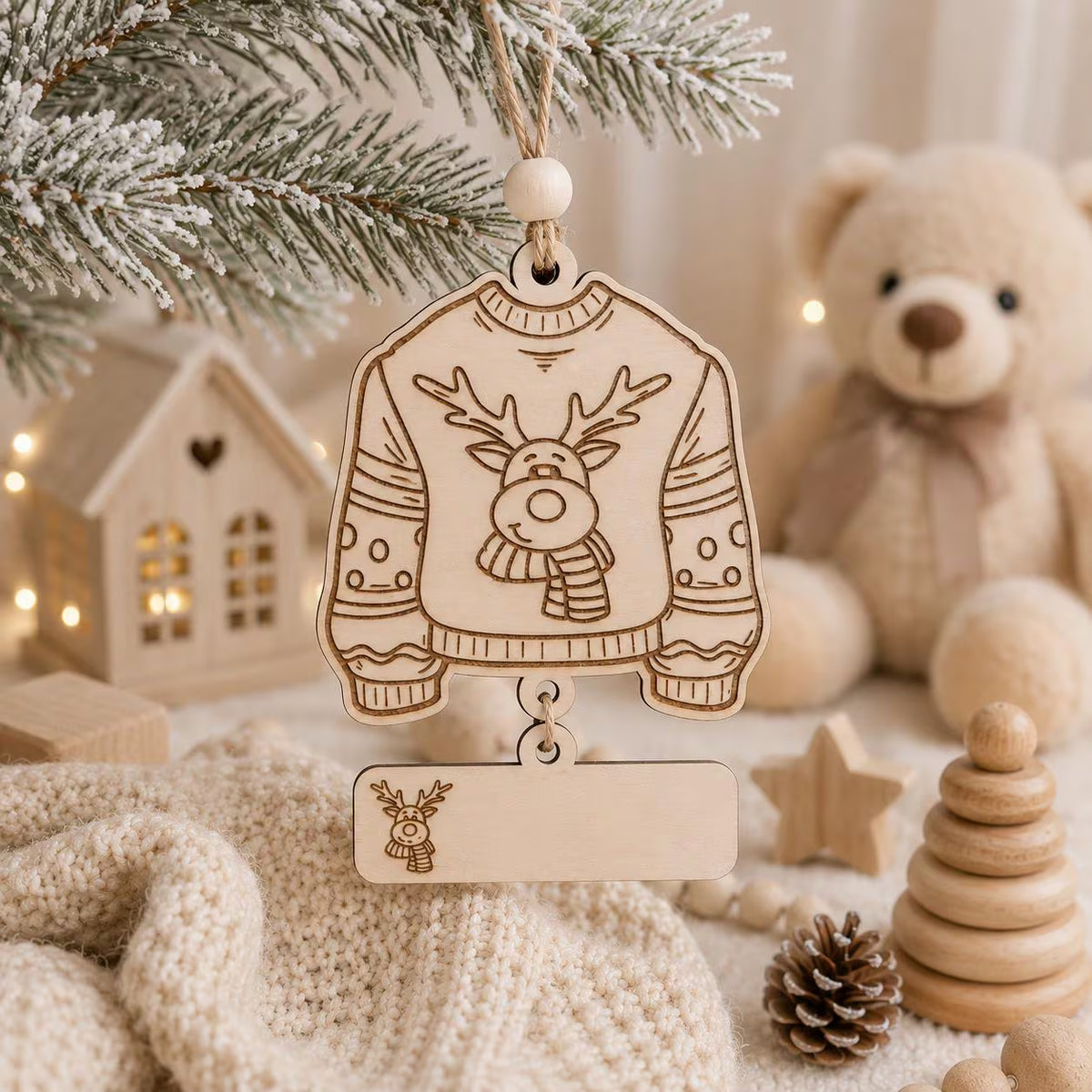 A wooden Christmas ornament shaped like a sweater with a reindeer design hangs from a pine branch. The ornament has a blank rectangular tag below it and is styled with a teddy bear, knitted blanket, small house, and warm string lights in the background.