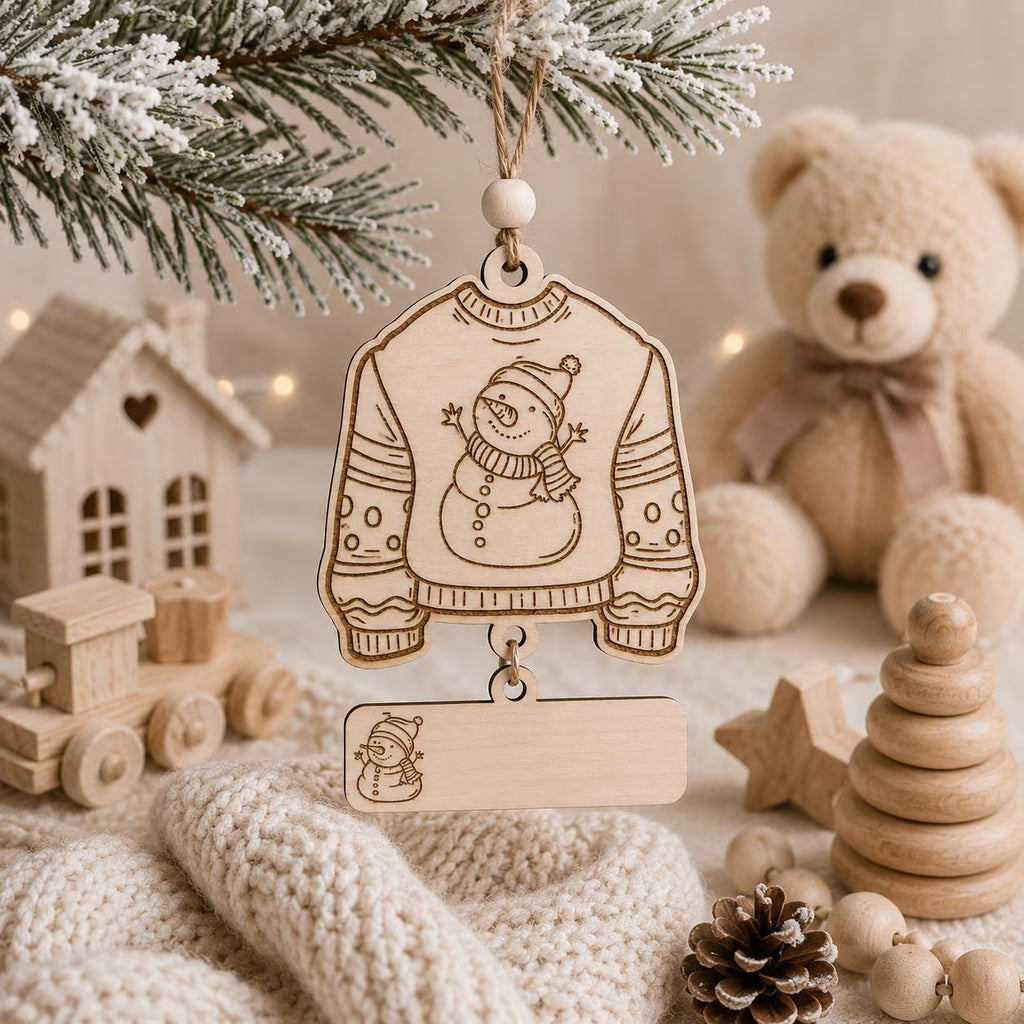 A wooden Christmas ornament shaped like a sweater with a snowman design, hanging from a decorated pine branch in a cozy, styled holiday scene with a teddy bear, wooden toys, and knitted blankets.