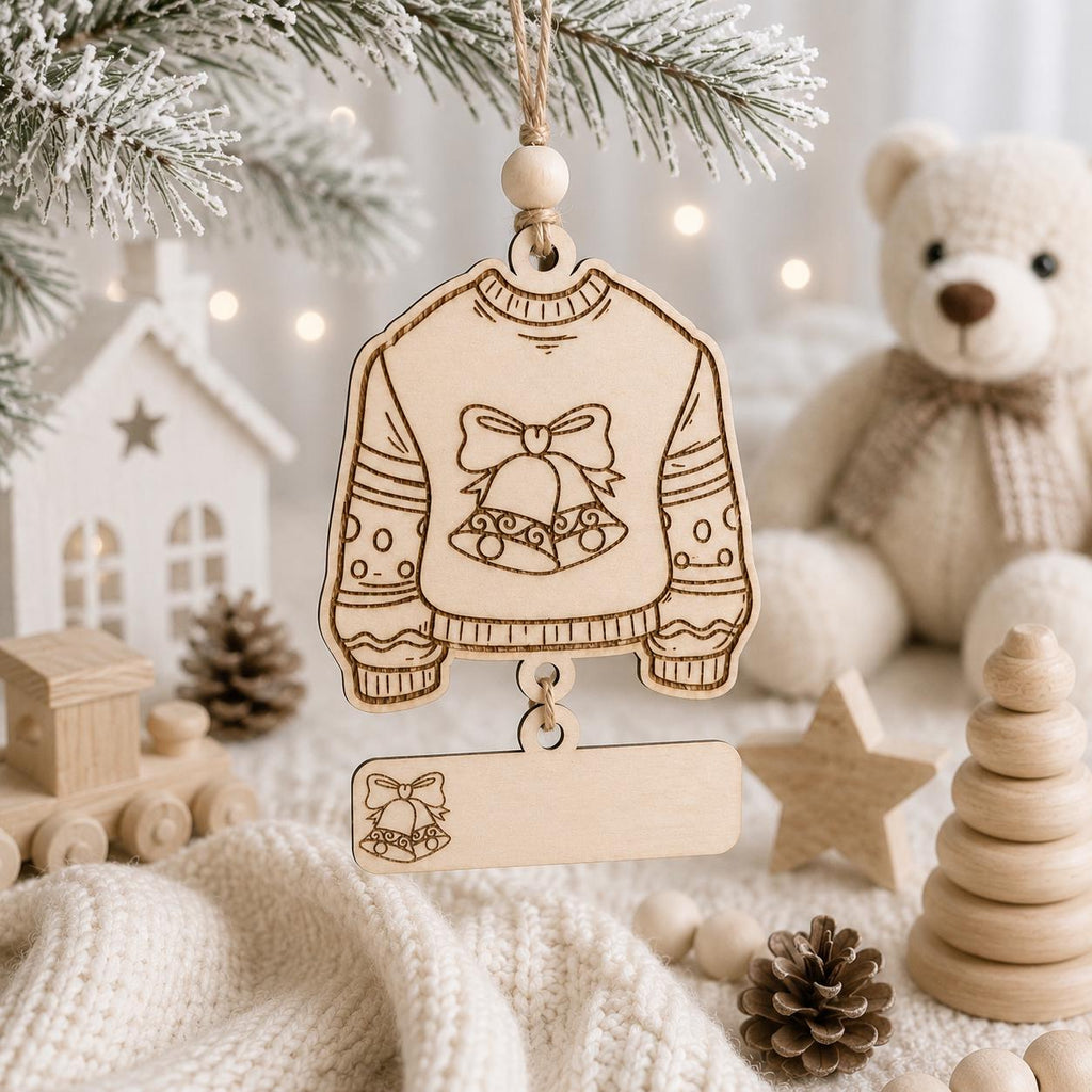 A wooden Christmas ornament shaped like a sweater with a bell and bow design, hanging from a pine branch in a cozy styled scene with a teddy bear, knitted blanket, and small wooden decorations.