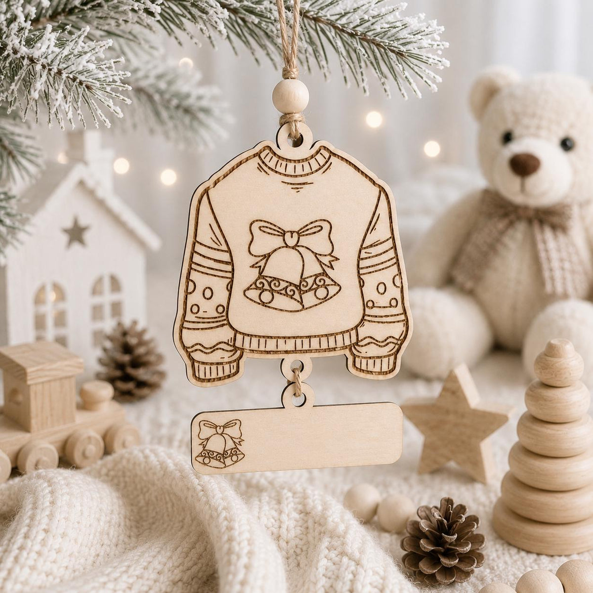 A wooden Christmas ornament shaped like a sweater with a bell and bow design, hanging from a pine branch in a cozy styled scene with a teddy bear, knitted blanket, and small wooden decorations.