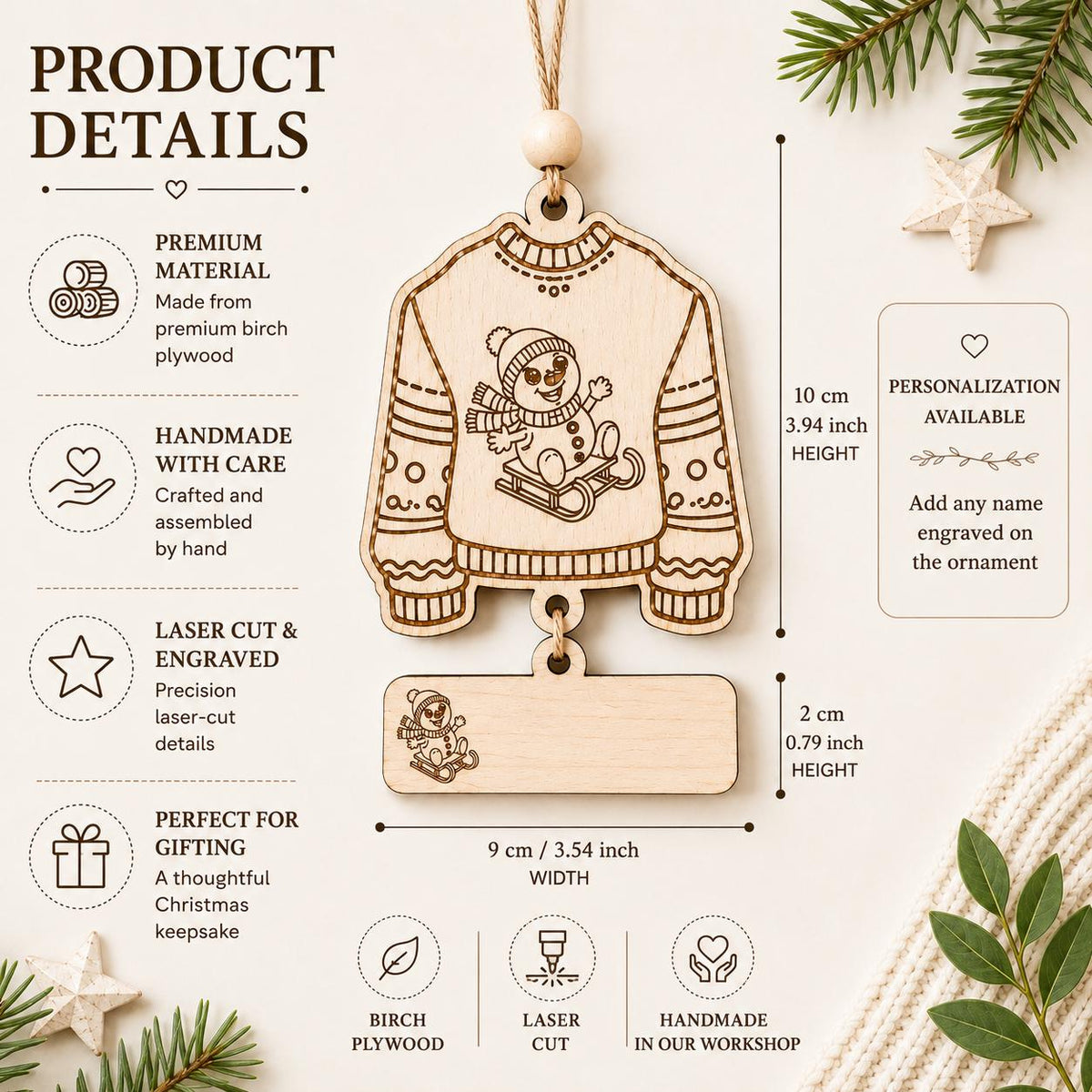 A wooden Christmas ornament shaped like a sweater with a hanging tag, shown on a warm beige background with product details, dimensions, and care highlights. The ornament is light natural wood with engraved holiday illustrations, including a Santa figure and snowman.