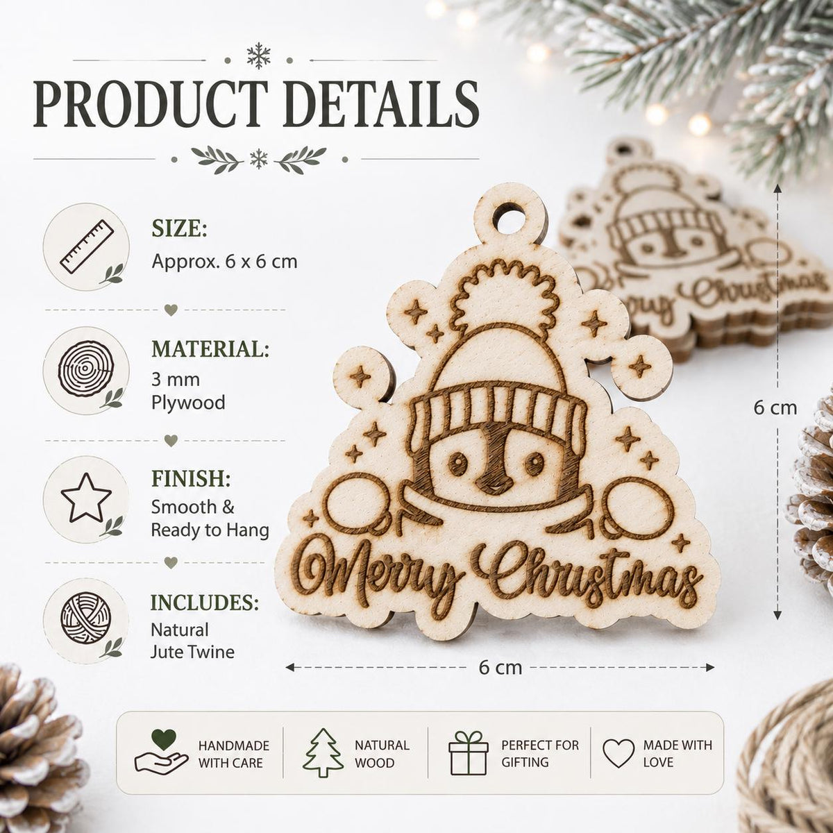 Peeking Penguin Christmas Gift Tags, Wood Ornament, Laser Cut Wooden Xmas Tags, Rustic Holiday Stocking Tag, Tree Decoration with Twine, 6cm - product photo 2