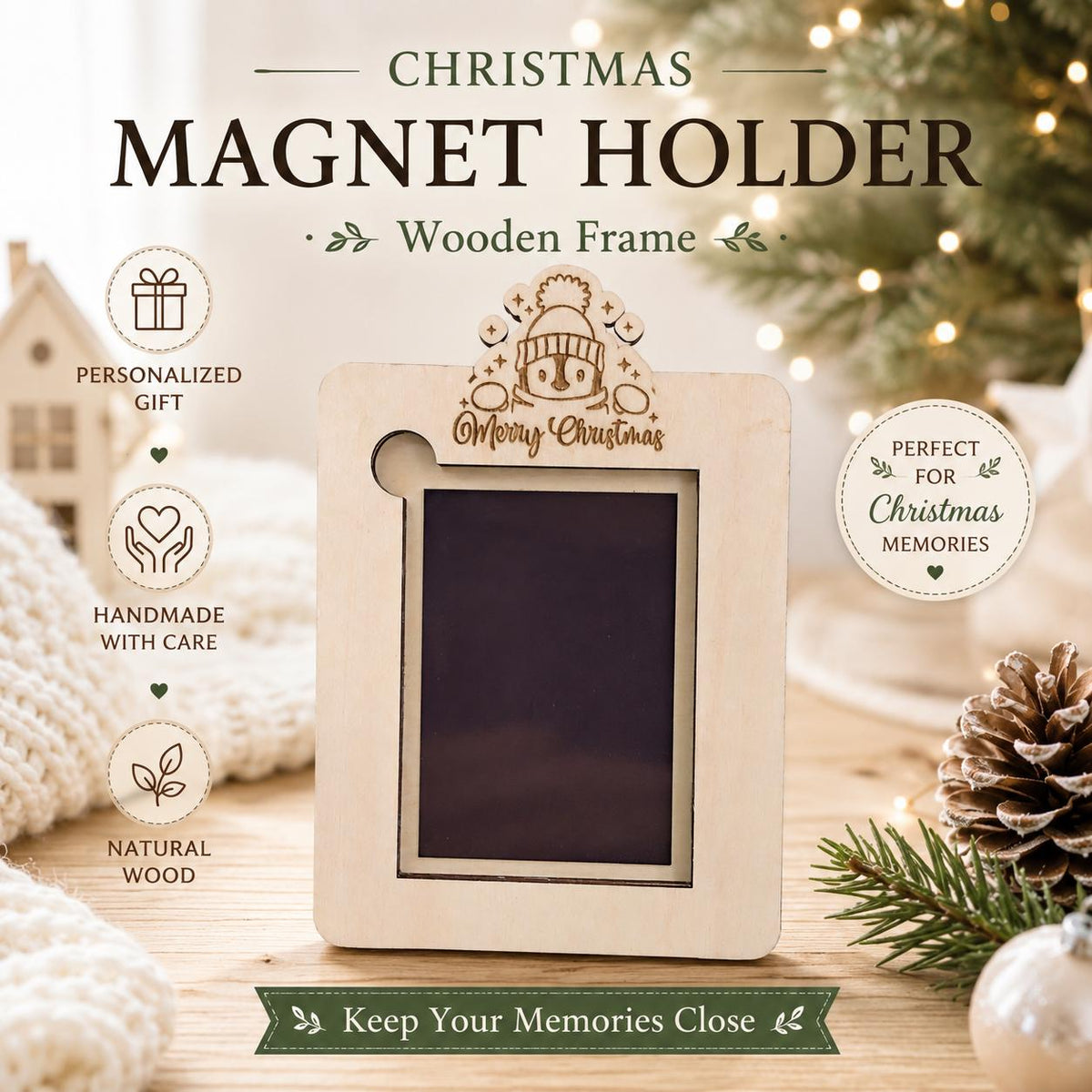 Personalized Wooden Christmas Photo Frame | Magnetic Birch Picture Holder | Custom Family Keepsake | Laser Cut Holiday Gift Display