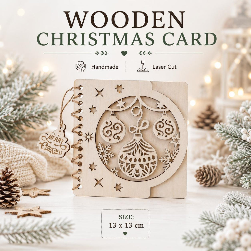 Personalized wooden Christmas greeting card | Custom engraved holiday greeting card | Wood Christmas card | Laser-cut wooden ornament design
