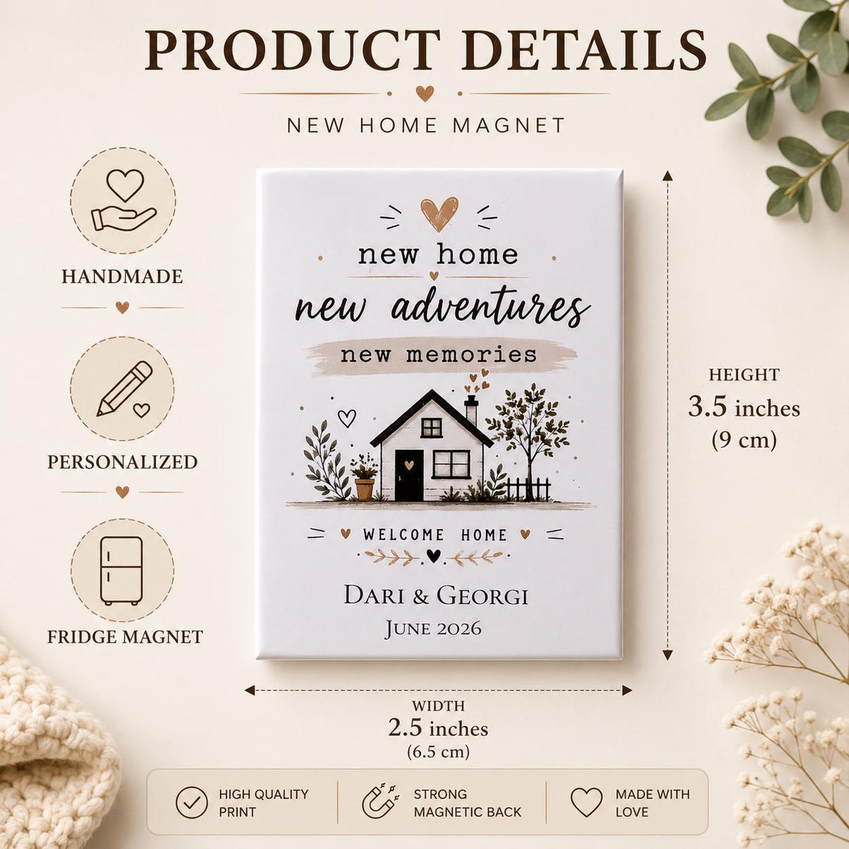 Personalized New Home Magnet, Housewarming Gift, New Home New Adventures Fridge Magnet, First Home Gift, Custom Names & Date Keepsake - product photo 2