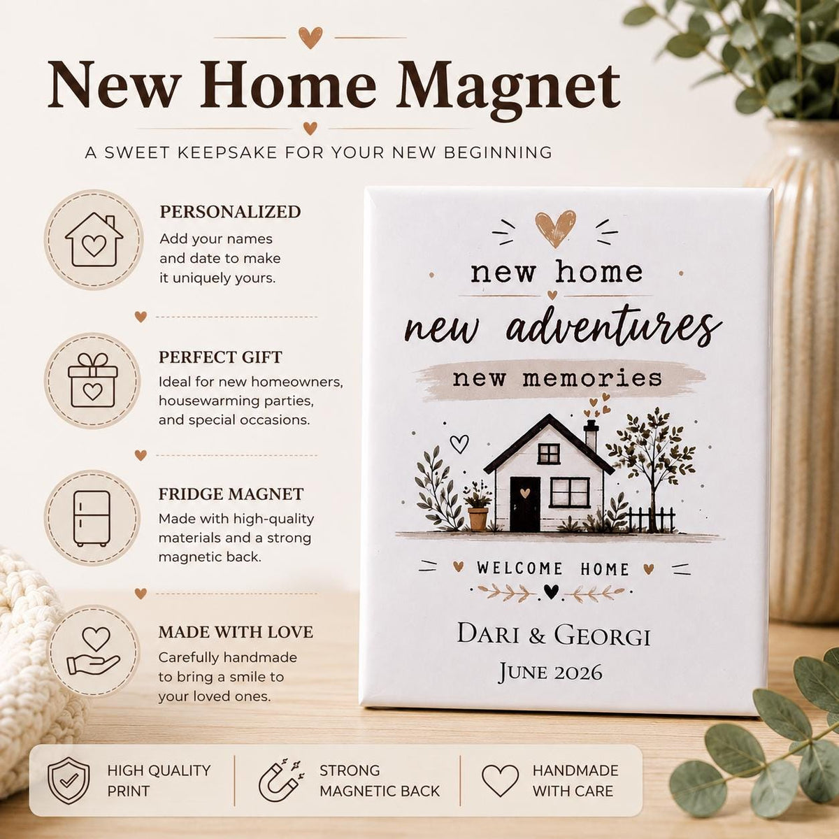 Personalized New Home Magnet, Housewarming Gift, New Home New Adventures Fridge Magnet, First Home Gift, Custom Names & Date Keepsake