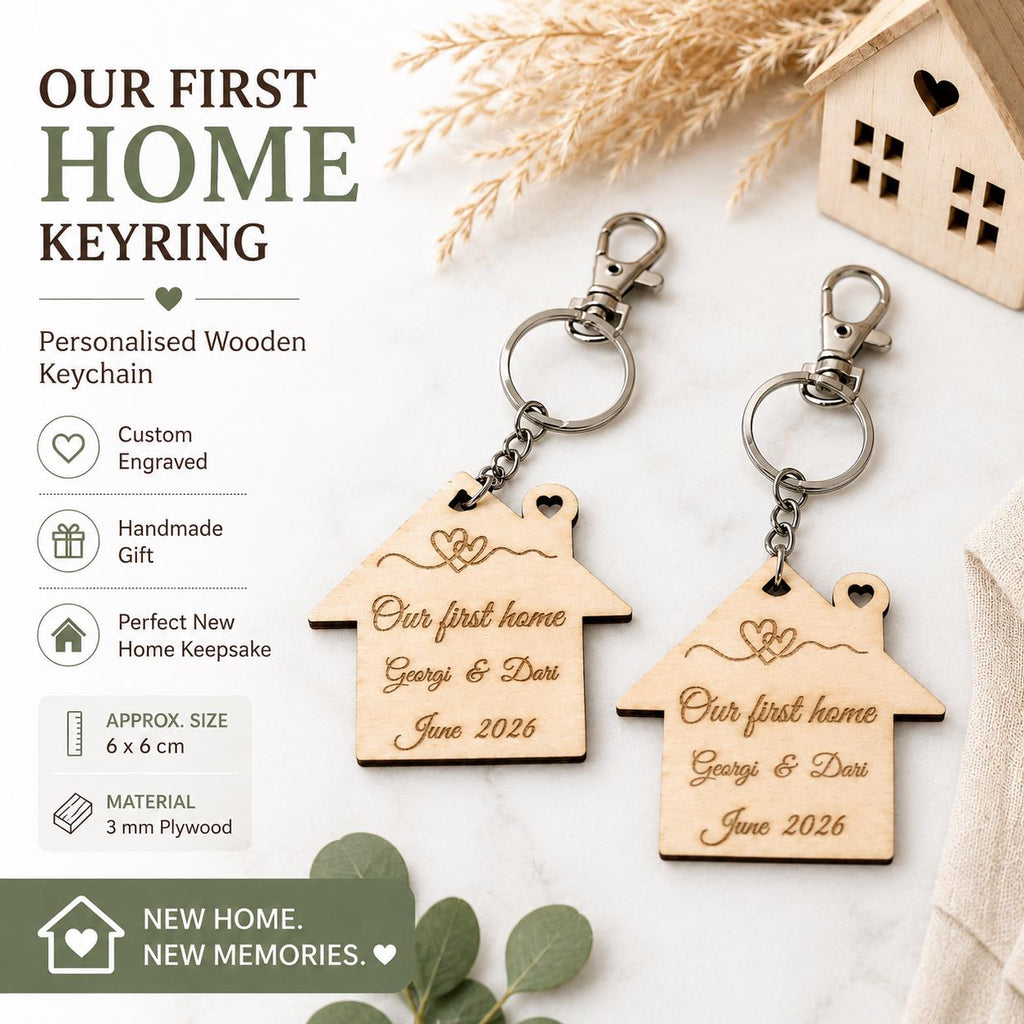 Personalized New Home Keyring, Our First Home Wooden House Keychain, House-warming Gift, New Home Gift, Custom Names & Date Keepsake