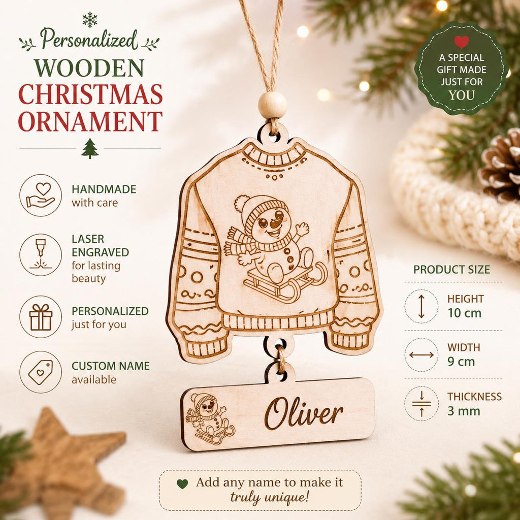 Personalized Christmas Ornament with Name | Wooden Engraved Sweater Tag | Rustic Custom Family Keepsake | Handmade Holiday Tree Decor
