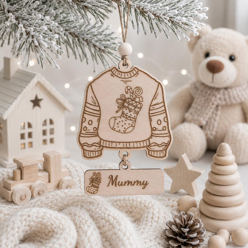 A wooden Christmas ornament shaped like a sweater with a stocking graphic hangs from a frosted pine branch. Below the sweater is a rectangular wooden tag engraved with 'Mummy' and a small gift icon.