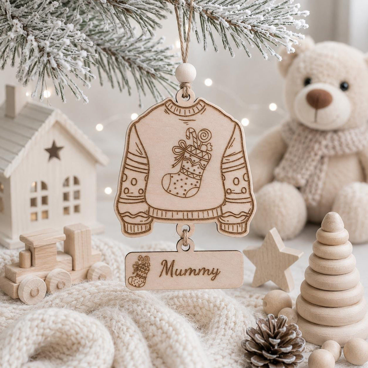 A wooden Christmas ornament shaped like a sweater with a stocking graphic hangs from a frosted pine branch. Below the sweater is a rectangular wooden tag engraved with 'Mummy' and a small gift icon.