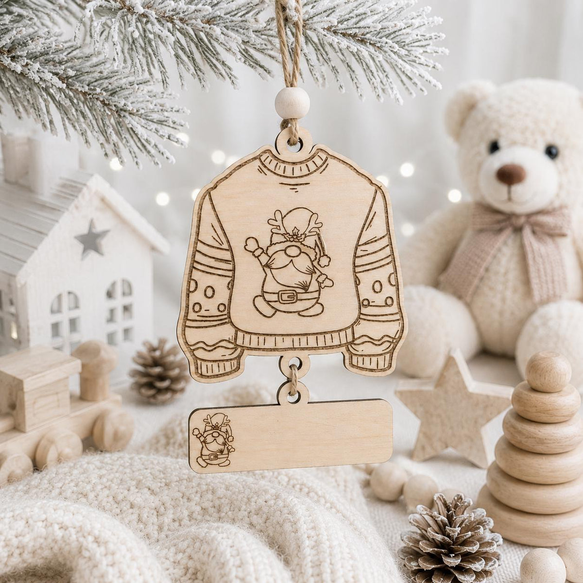 A wooden Christmas ornament shaped like a sweater with a Santa graphic, hanging from a tree branch in a cozy holiday setting with a teddy bear, pinecones, and wooden toys.