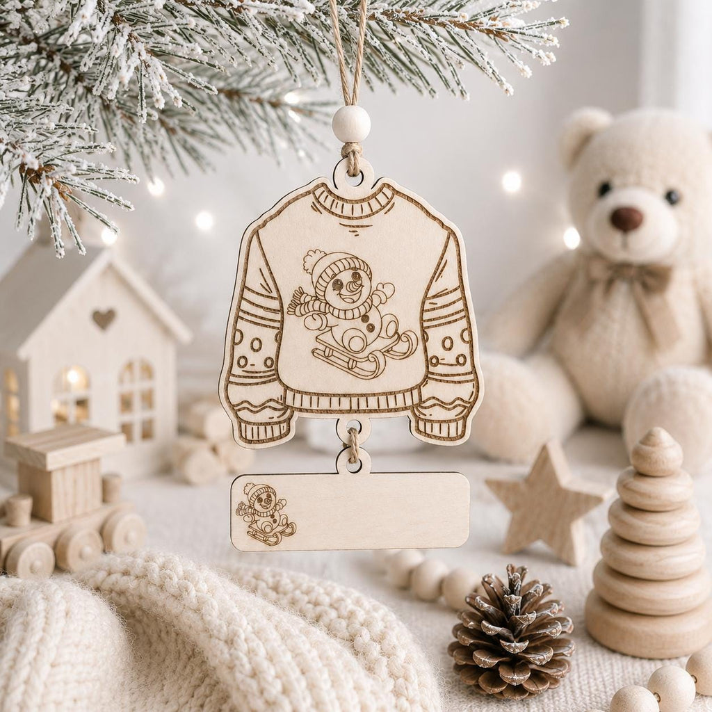 A wooden Christmas ornament shaped like a sweater with a child's winter scene printed on it, hanging from a decorated tree branch. The ornament includes a blank rectangular tag below and is styled with a teddy bear, small wooden house, pinecone, beads, and soft warm lights in the background.