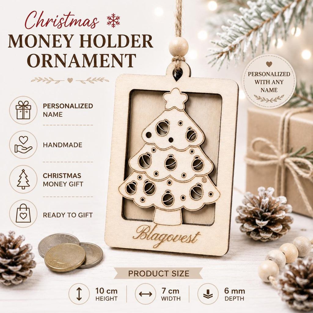 Personalised Wooden Christmas Money Holder Ornament | Christmas Tree Ornament with Name Engraving | Gift for Kids, Friends | Money Ornament