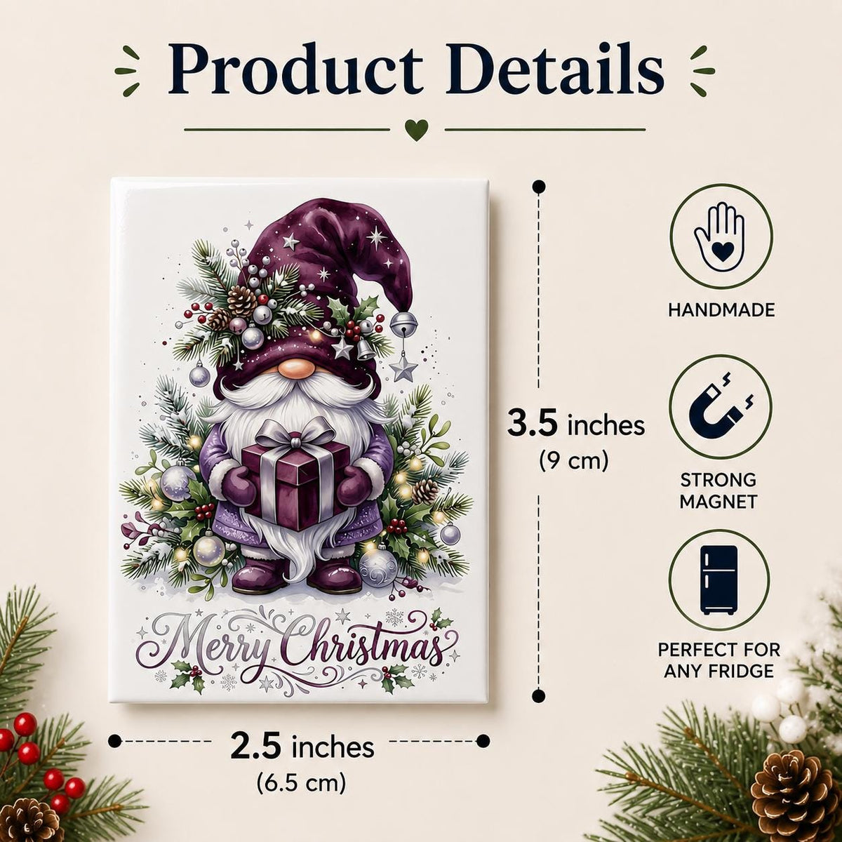 Christmas Gnome Fridge Magnet, Cute Merry Christmas Refrigerator Magnet, Holiday Gnome Decor, Xmas Stocking Stuffer Gift, Handmade Magnet - product photo 6