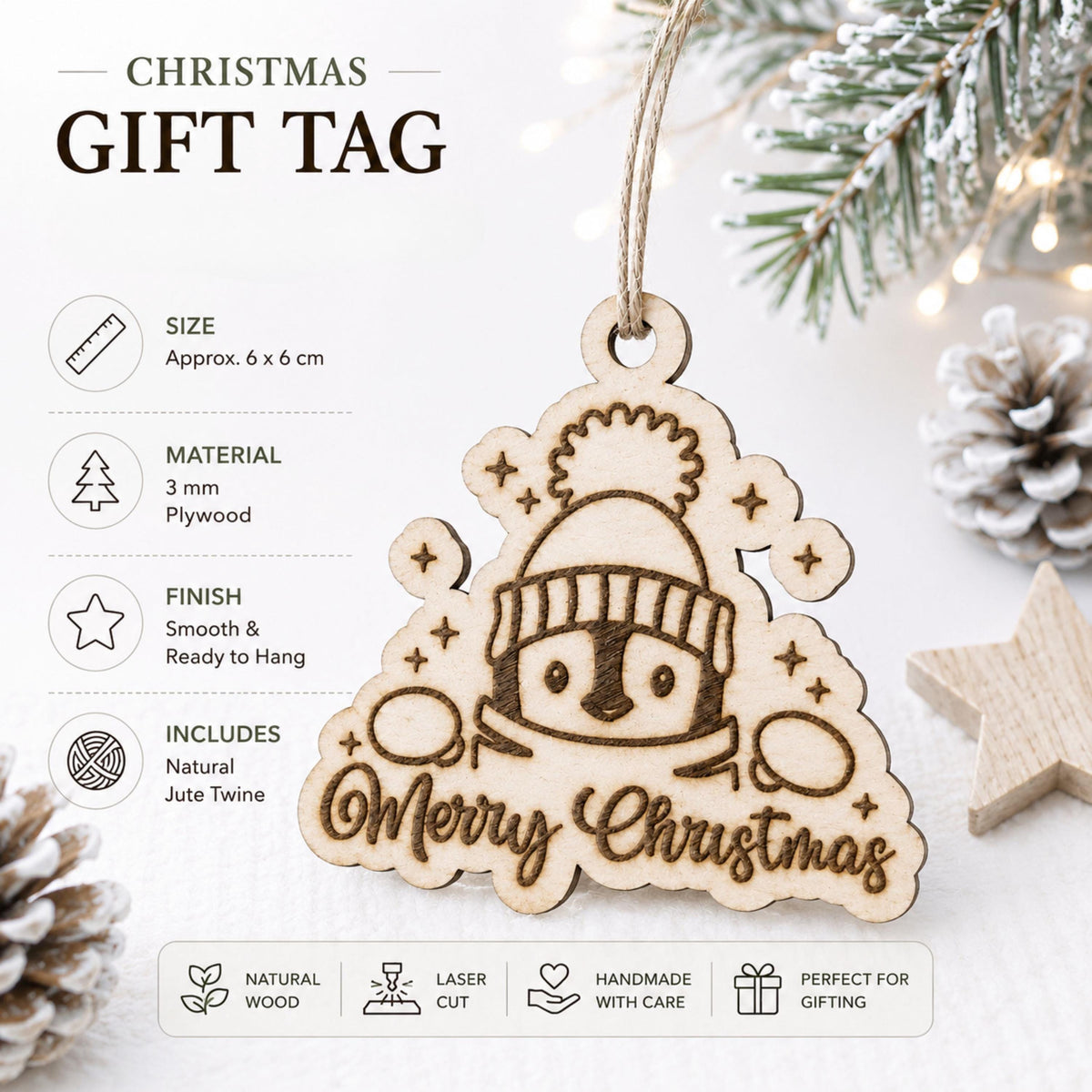 Peeking Penguin Christmas Gift Tags, Wood Ornament, Laser Cut Wooden Xmas Tags, Rustic Holiday Stocking Tag, Tree Decoration with Twine, 6cm