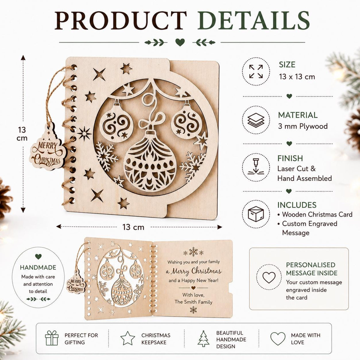 Personalized wooden Christmas greeting card | Custom engraved holiday greeting card | Wood Christmas card | Laser-cut wooden ornament design - product photo 2