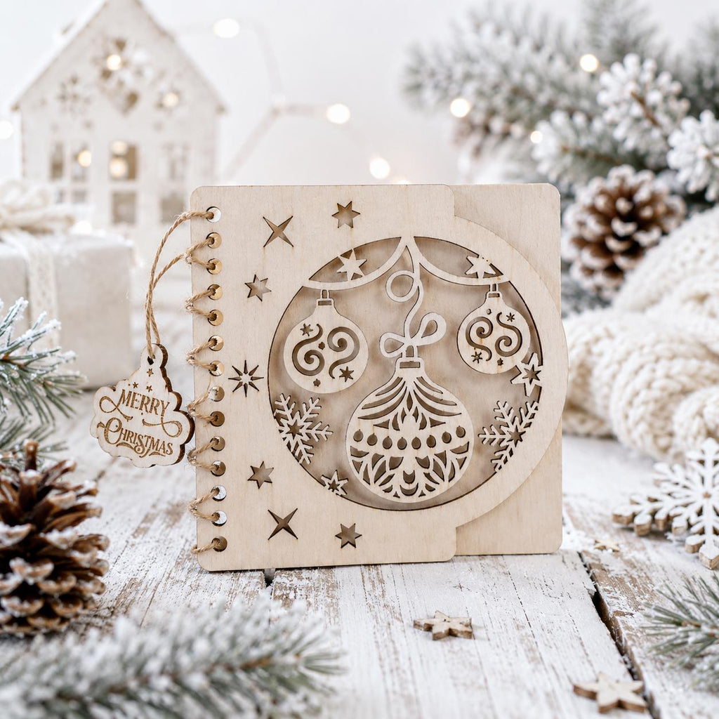 Personalized wooden Christmas greeting card | Custom engraved holiday greeting card | Wood Christmas card | Laser-cut wooden ornament design - product photo 5