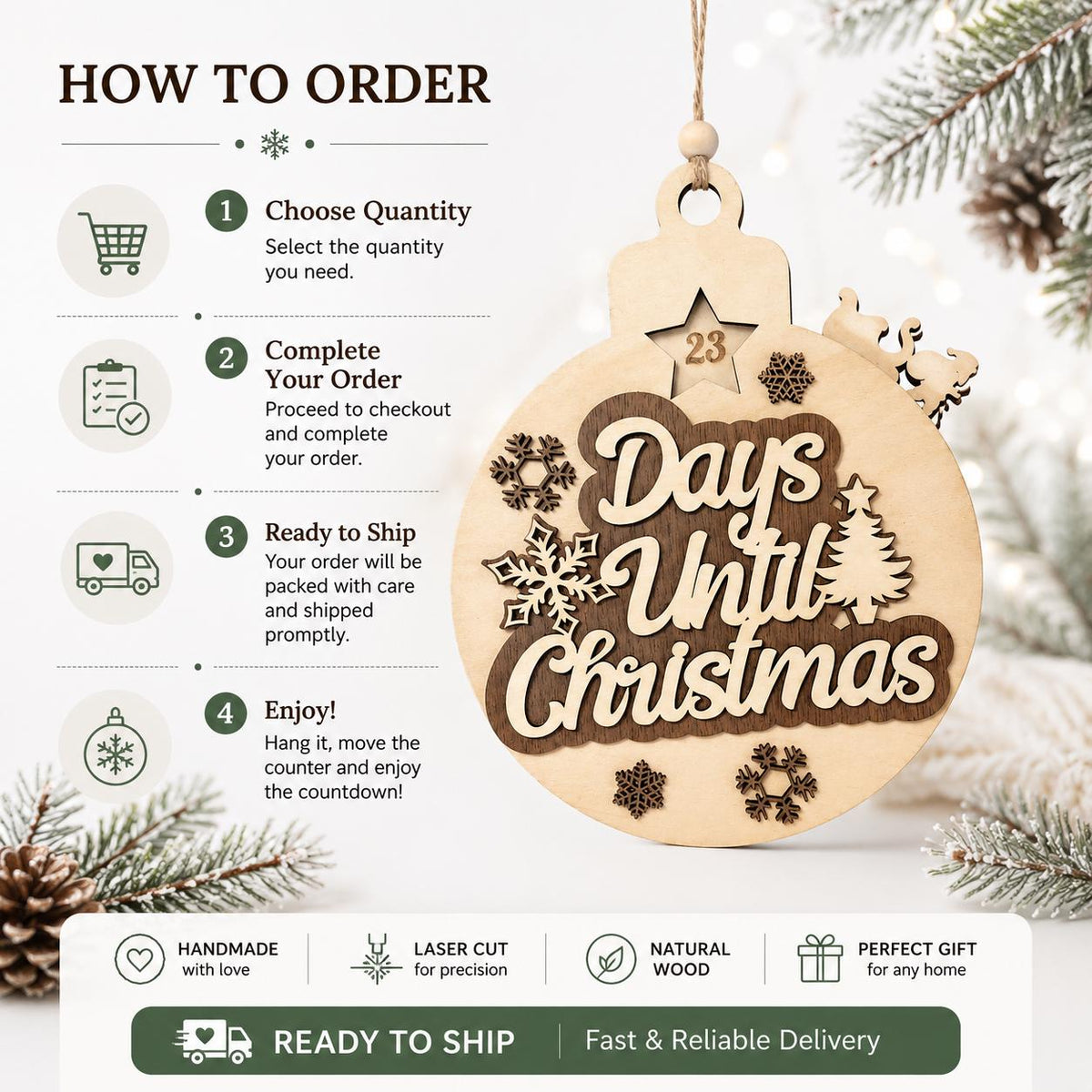 Wooden Christmas Countdown Ornament – Rustic Holiday Advent Calendar Decoration, Laser Cut Wooden Xmas Ornament for Families and Kids - product photo 3