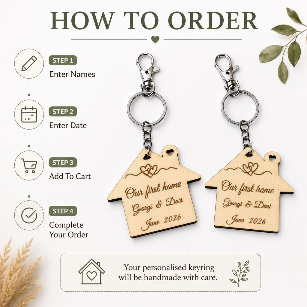 Personalized New Home Keyring, Our First Home Wooden House Keychain, House-warming Gift, New Home Gift, Custom Names & Date Keepsake - product photo 3
