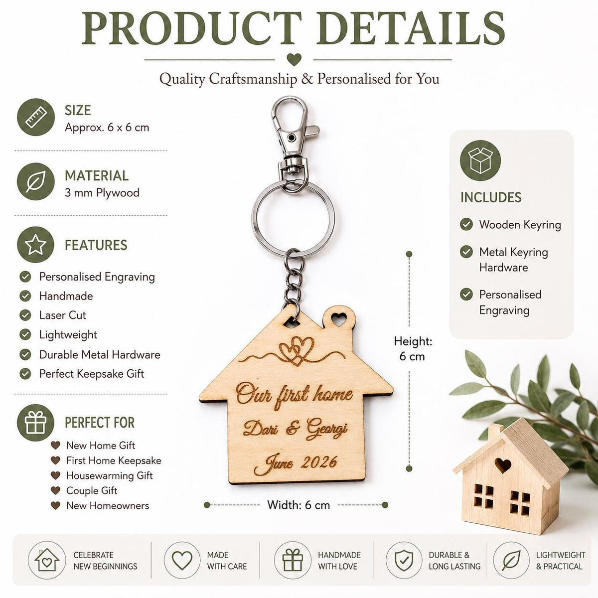 Personalized New Home Keyring, Our First Home Wooden House Keychain, House-warming Gift, New Home Gift, Custom Names & Date Keepsake - product photo 2