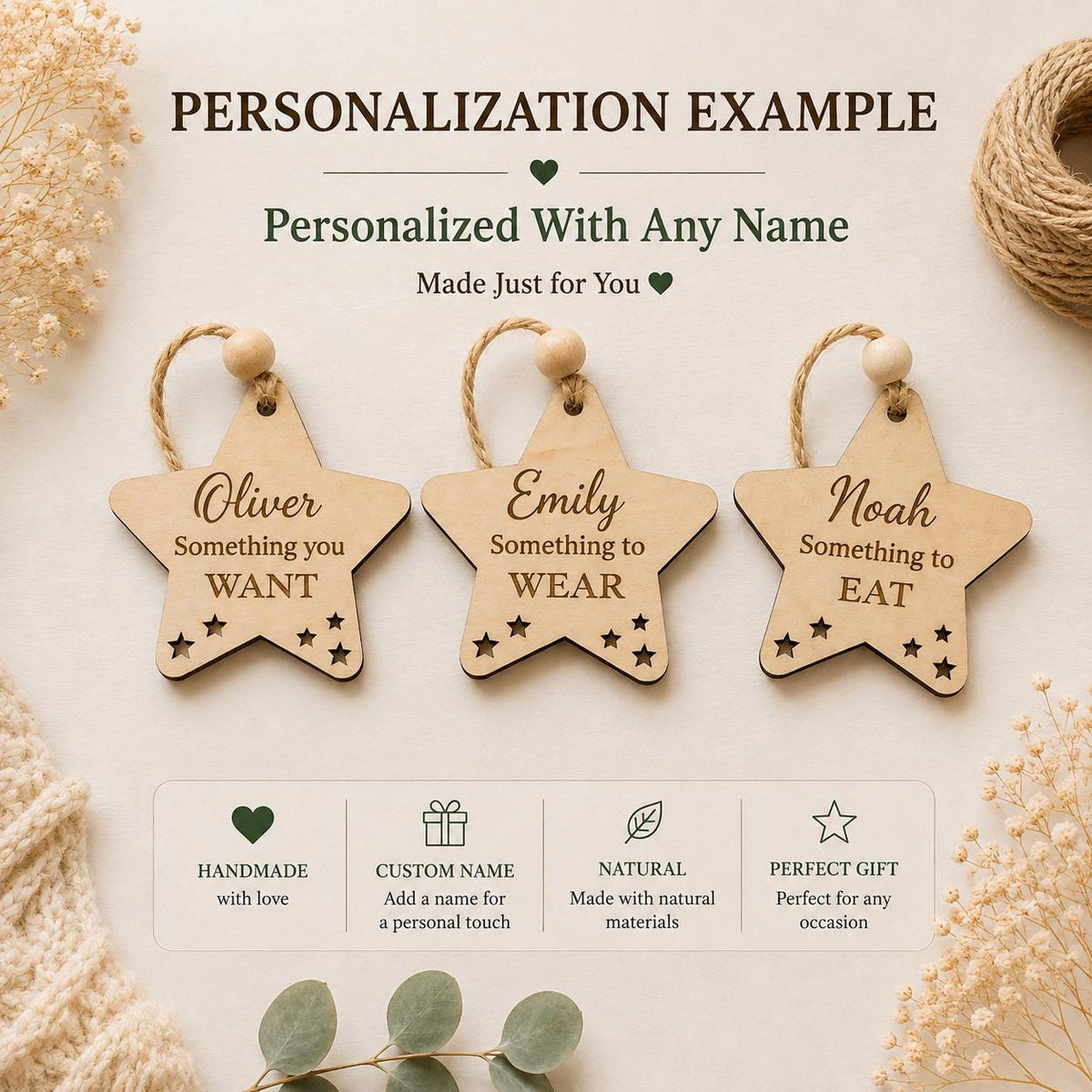 Personalized Wooden Christmas Gift Tags Set of 7 | Kids Christmas Gift Stocking Tags | Holiday Gift Tag | Want Need Wear Read Custom Name - product photo 6