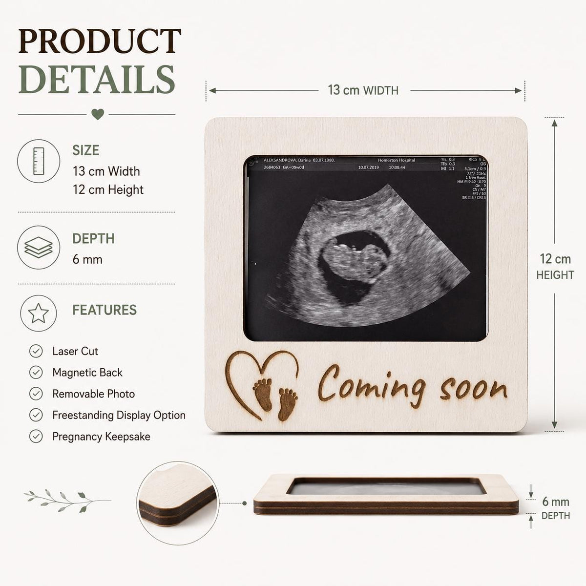 Personalised Ultrasound Photo Frame | Baby Scan Keepsake Magnet | Sonogram Frame | Pregnancy Gift | Coming Soon Baby Announcement - product photo 2