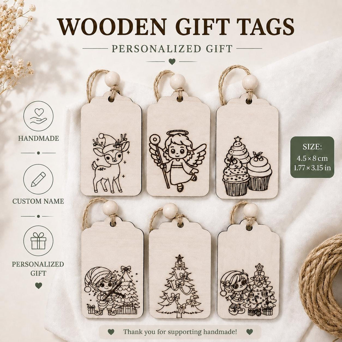 Personalized Wooden Christmas Gift Tag | Custom Name Engraved | Laser Engraved Name Tags | Stocking Tags Holiday Decor | Christmas Keepsake
