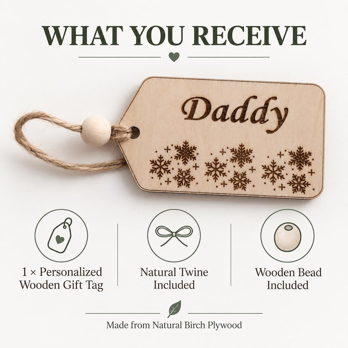 Personalized Wooden Gift Tag, Custom Name Christmas Tag, Engraved Snowflake Stocking Filler, Mummy Daddy Keepsake, Rustic Wood Name Tag - product photo 2