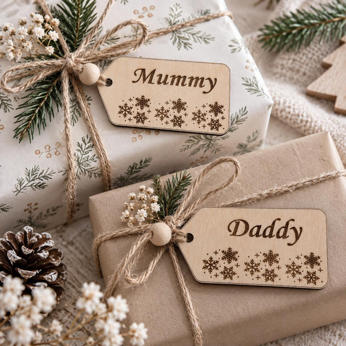 Personalized Wooden Gift Tag, Custom Name Christmas Tag, Engraved Snowflake Stocking Filler, Mummy Daddy Keepsake, Rustic Wood Name Tag - product photo 5