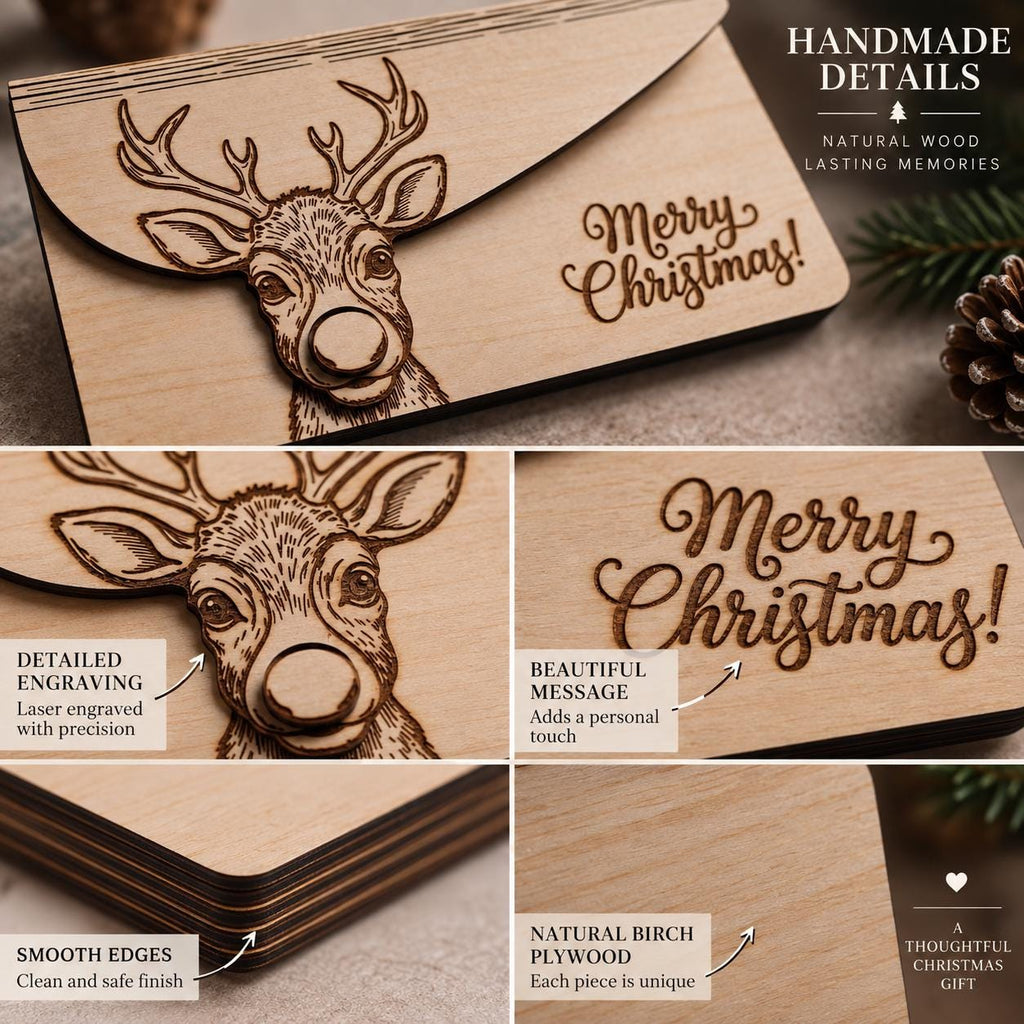 Wooden Money Gift Envelope | Christmas Cash Envelope, Money Holder Box | Engraved Reindeer Gift Card Holder | Fits UK Banknotes, Xmas Gift - product photo 8