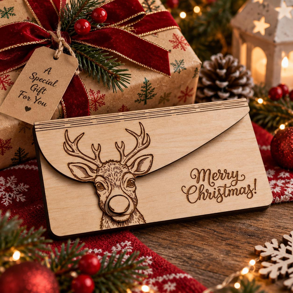 Wooden Money Gift Envelope | Christmas Cash Envelope, Money Holder Box | Engraved Reindeer Gift Card Holder | Fits UK Banknotes, Xmas Gift - product photo 10