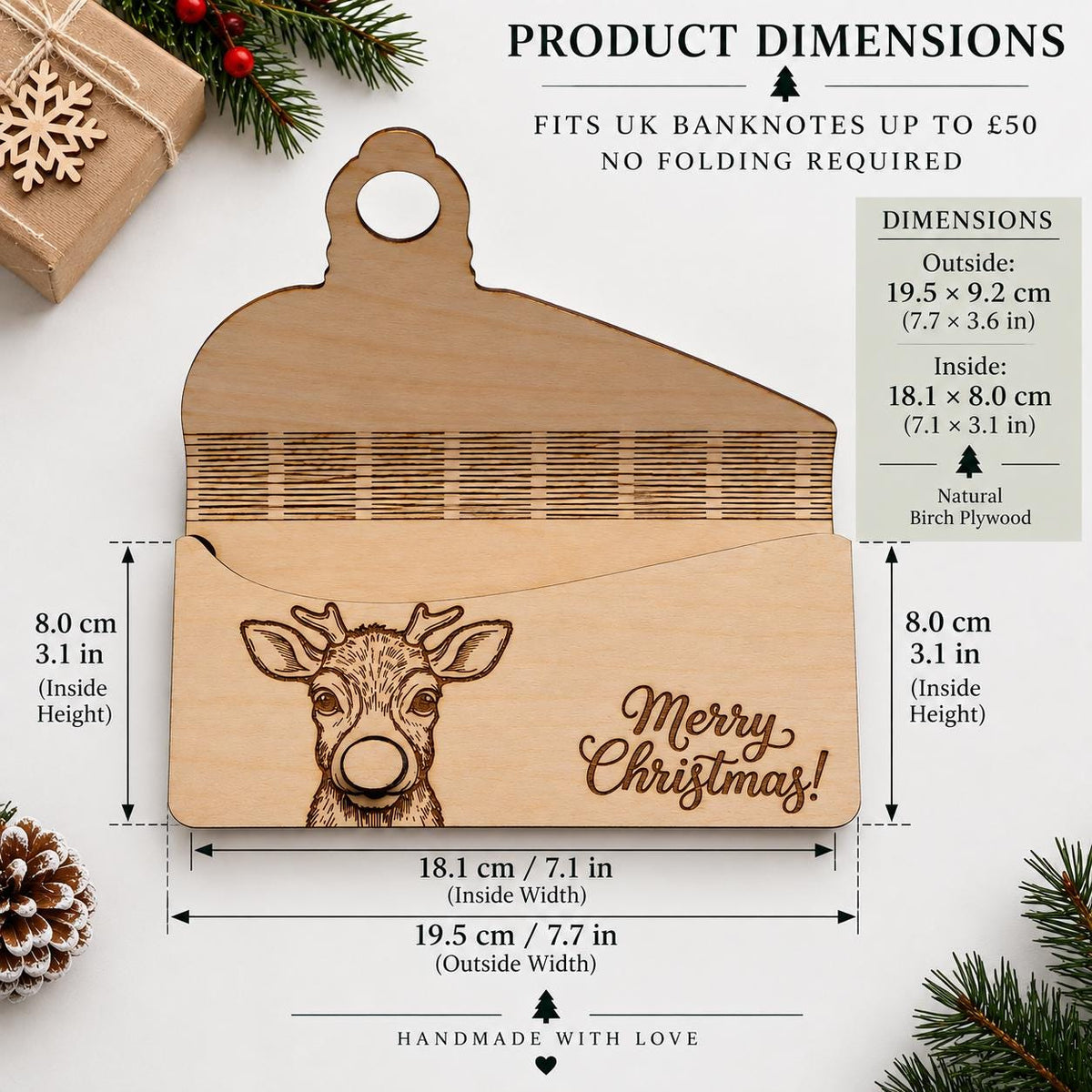 Wooden Money Gift Envelope | Christmas Cash Envelope, Money Holder Box | Engraved Reindeer Gift Card Holder | Fits UK Banknotes, Xmas Gift - product photo 3