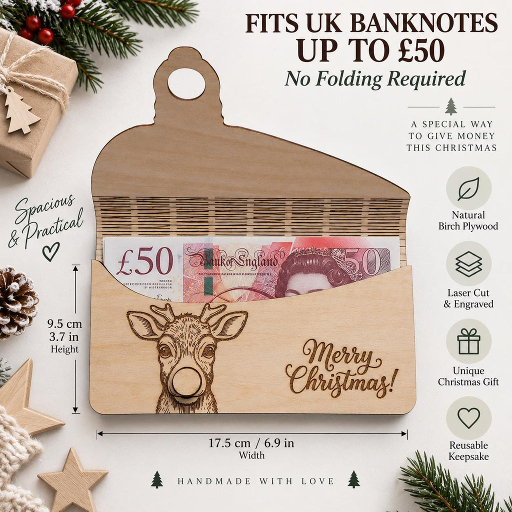 Wooden Money Gift Envelope | Christmas Cash Envelope, Money Holder Box | Engraved Reindeer Gift Card Holder | Fits UK Banknotes, Xmas Gift - product photo 5