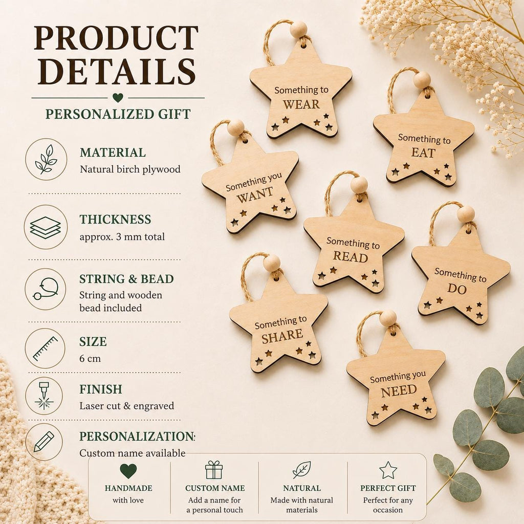 Personalized Wooden Christmas Gift Tags Set of 7 | Kids Christmas Gift Stocking Tags | Holiday Gift Tag | Want Need Wear Read Custom Name - product photo 2
